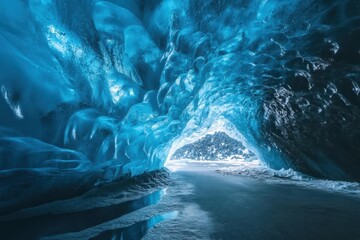 Iceland s glacier with a blue ice cave and human silhouettes below