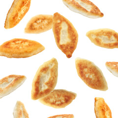 Tasty baked patties falling on white background