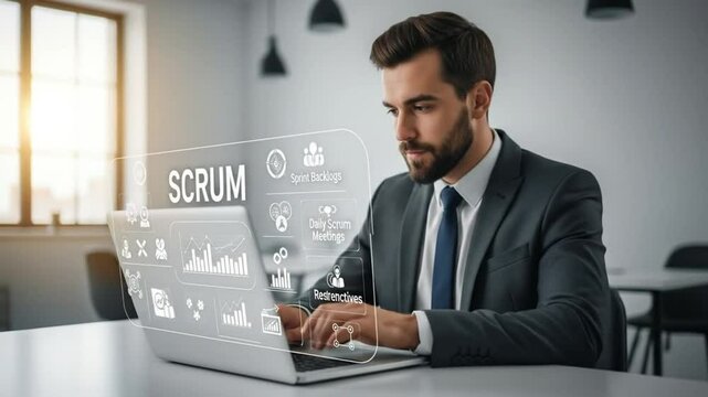 Man in suit uses laptop with scrum interface overlay in bright office setting for project management