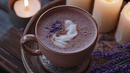 A cup of hot chocolate with whipped cream and lavender flowers on top. The cup is placed on a wooden tray with candles in the background. The scene conveys a cozy and relaxing atmosphere - Powered by Adobe