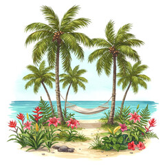 Fototapeta premium Watercolor Tropical Beach with Hammock and Palm Trees - Coastal Art for Ocean Decor, Travel Prints, and Nature Cards