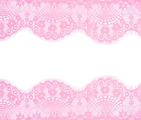 Frame made of beautiful pink lace on white background