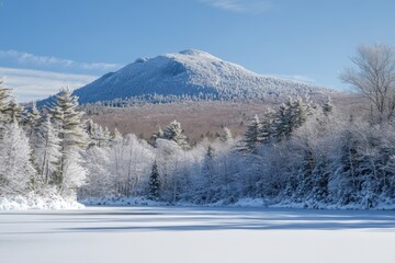 Icy lake and snow clad mountain forest