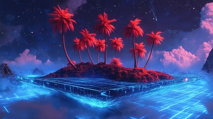 Red Palm Trees on a Futuristic Island Digital Art Neon Cyberpunk Style Sci Fi Tropical Paradise Island Scene Vibrant Colors Night Sky Cloud Background Fantasy Artwork Glow Ocean