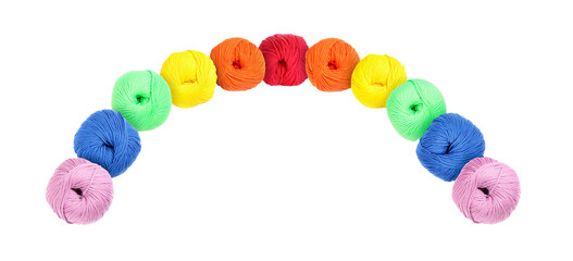 Rainbow arch made of knitting thread in different colors isolated on white