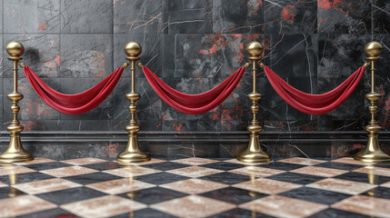 Stanchions with velvet ropes chekerd floor.jpeg