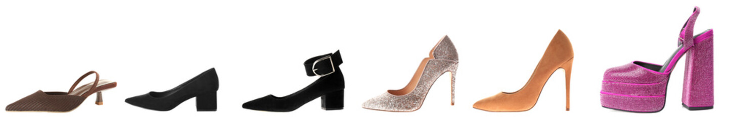Different fashionable high heeled shoes on white background, set