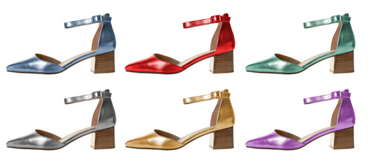 Fashionable high heeled shoes in different colors on white background, set