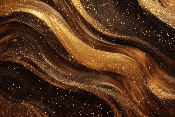Illuminated abstract background with golden bronze shimmering waves on brown