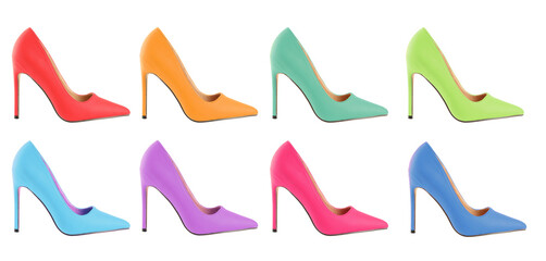Obraz premium Fashionable high heeled shoes in different colors on white background, collage