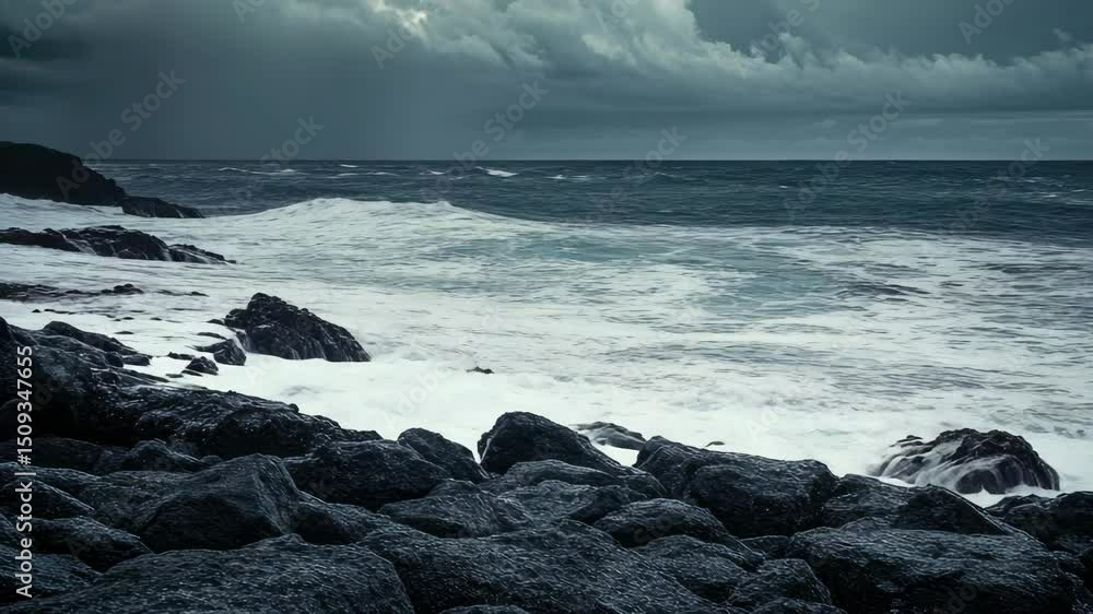Poster the ocean is rough and the waves are crashing against the rocks. the sky is dark and cloudy, creatin