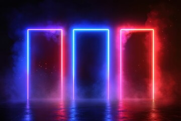 Illuminated neon door frame with steam and sparkles Realistic vector art of a blue red