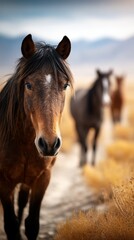 Obraz premium Majestic horse stands in focus on a quiet path with other horses grazing in the background