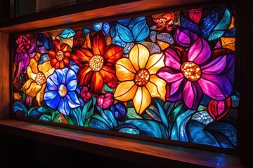 Illuminated glass artwork Backlit handmade pieces featuring flowers and bright hues abst