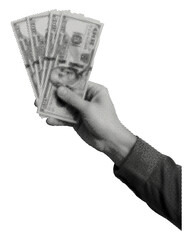 hand holding cash banknotes money fan isolated retro halftone dotted cut-out collage element for mixed media design finance transaction investment and economic concept