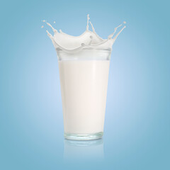 Milk splashing out of glass on light blue background