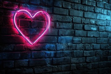 Illuminated neon heart against a dark brick wall in pink and blue