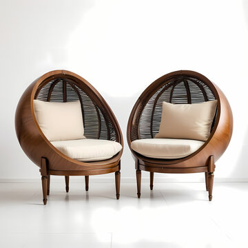 Two wooden half-sphere chairs with beige cushions on a light background.  