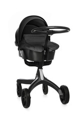 Baby carriage. Modern pram with black canopy isolated on white