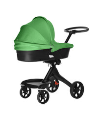 Baby carriage. Modern pram with green canopy isolated on white