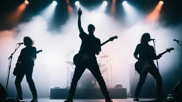 Rock band performing on stage silhouetted in dramatic stage lighting with fog and dynamic posing Ai HD video.

