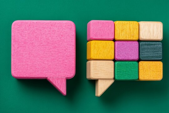 Inclusive language is symbolized by speech bubbles and vibrant cubes