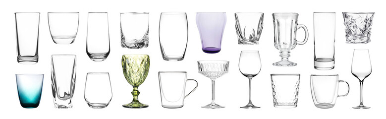 Different empty clean glassware on white background, collage
