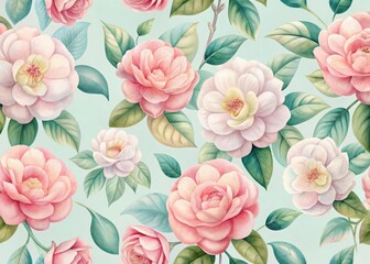 Watercolor camellia flower seamless pattern