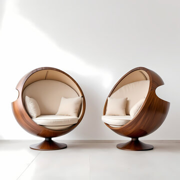 Two wooden half-sphere chairs with beige cushions on a light background.  