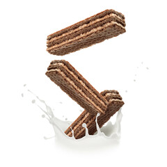 Tasty crispy wafers falling into splashing milk against white background