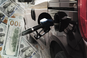 Fuel price. Refueling car at gas filling station and dollar banknotes, double exposure