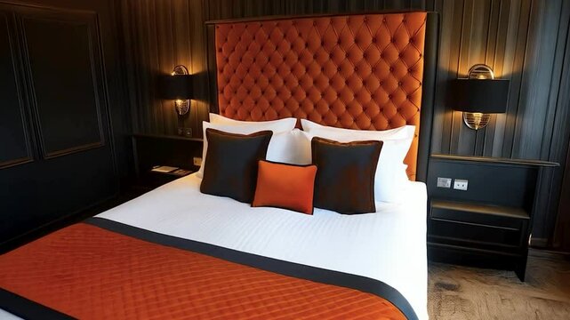 Luxurious Bedroom Retreat: An inviting, richly appointed bedroom featuring an elegant, textured headboard with coordinating pillows, bedside lamps, and a meticulously made bed.