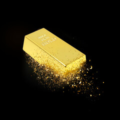 Gold bar and dust in air on black background