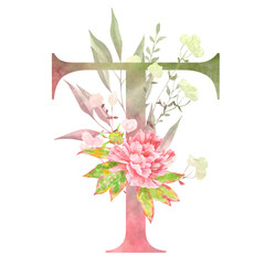 T – Letter T monogram with hand-painted peonies and greenery. A romantic floral design for custom paper goods.