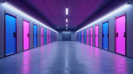 Neon Lit Hallway with Pink and Blue Doors