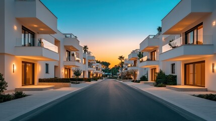 Obraz premium Modern townhouses line a paved street at sunset