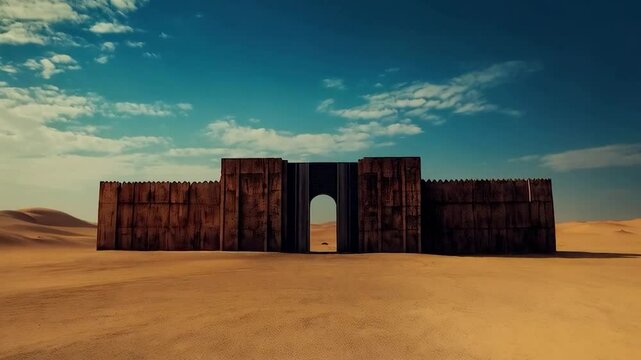 Desert fortress under blue sky:A majestic fortress stands resilient in the vast desert, its ancient walls contrasting beautifully against the serene blue sky with wispy clouds.