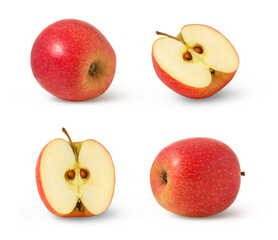 Set of red apples and a halves isolated. Pink apple and a half isolated.