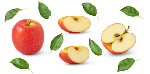 Red apples set isolated. Whole fruit , slices, half and leaves. Design elements with clipping path.