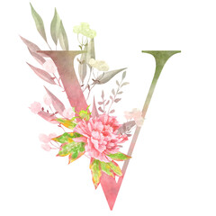 V – Vibrant watercolor letter V with delicate floral elements. Adds beauty to branding, prints, or greeting cards.
