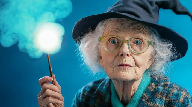 Elderly woman in witch hat with wand casting magic against blue background.