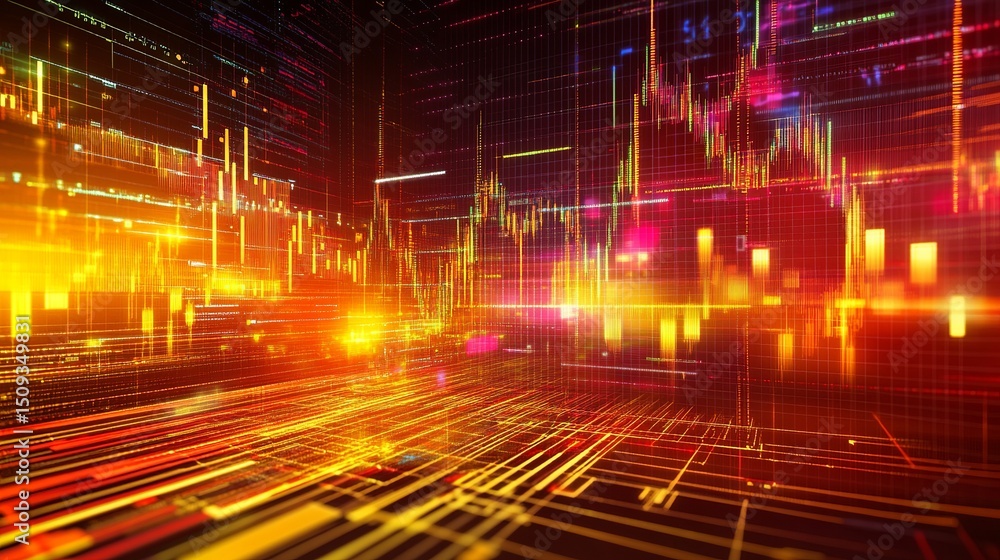 Poster abstract digital data stream orange red glowing lines technology background futuristic network graph