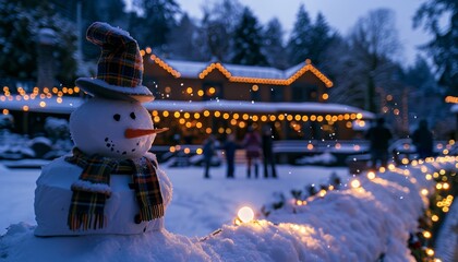 Winter wonderland  children enjoy snowball fights and build a snowman under glimmering lights