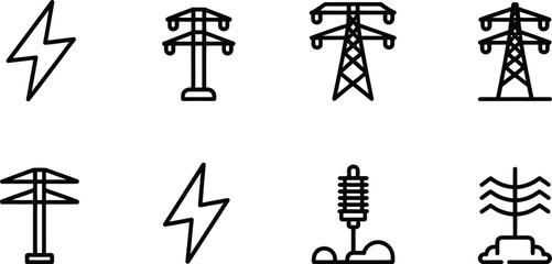 A set of eight black and white line drawings depicting electricity and power transmission structures