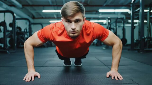 A man in an orange shirt is doing pushups on a mat. He looks focused and determined