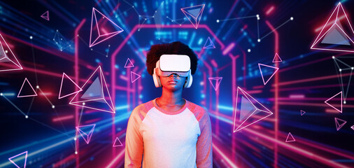 Girl looking around at geometric shape floating in metaverse. Happy teenager or gamer using VR headset and augmented reality technology accessing virtual world. Technology innovation. Ingenuity.