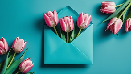 Tulips bloom in a blue envelope, conveying a message of joy and affection