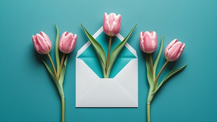 Elegant floral arrangement: pink tulips in an envelope against teal backdrop