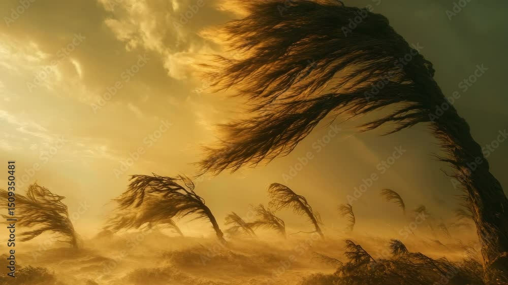 Poster a windy day with a lot of trees blowing in the wind. the sky is mostly cloudy with a few patches of 
