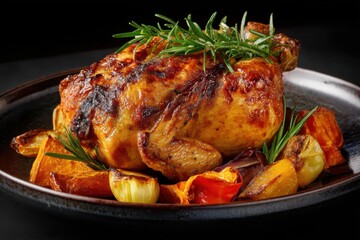 Maishähnchen Brathähnchen Ofengemüse Hähnchen mit Kartoffeln gebratenes Hähnchen Rosmarin Hähnchenfest Essen mit Gemüse Geflügelgericht rustikales Essen Sonntagsessen Festtagsbraten knusprig